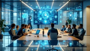 The image depicts a modern office environment with diverse employees engaged in collaborative work A central glass conference room features a large screen displaying a digital flowchart illustrating the integration of SDWAN and Zero Trust Network Acc-2